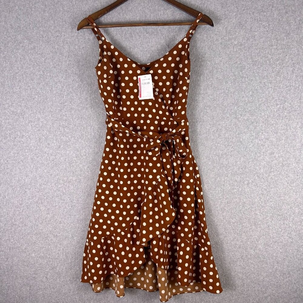 Sanctuary Dress Women 0 Brown White Polka Dot Mini Wrap Ruffle Preppy Casual NWT